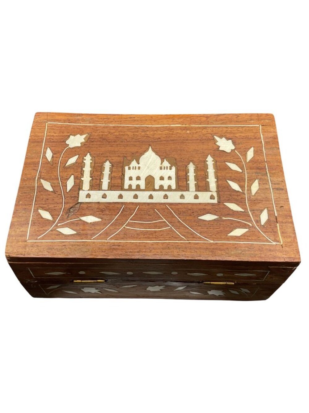 Vtg Wooden Jewelry Box Taj Mahal & Floral Inlay Design Hinged Lid 6 x 4 x 2.5